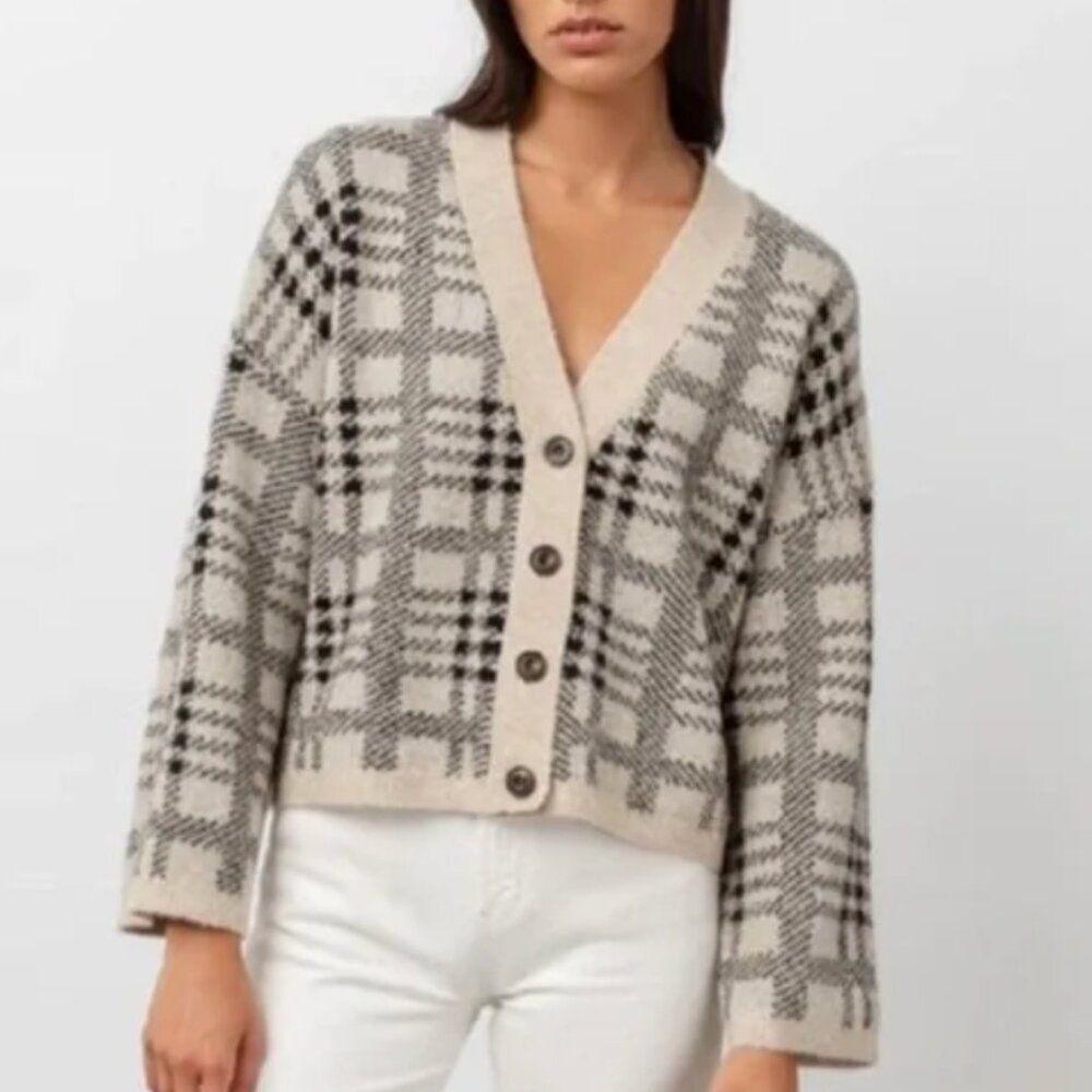 Rails Reese Cardigan in Oatmeal Black Plaid Sweater $268 XS